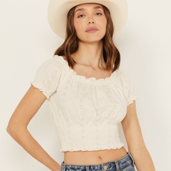 Cleo + Wolf Women's Knit Eyelet Smocked Crop Top SIZE LARGE - Picture 1 of 6